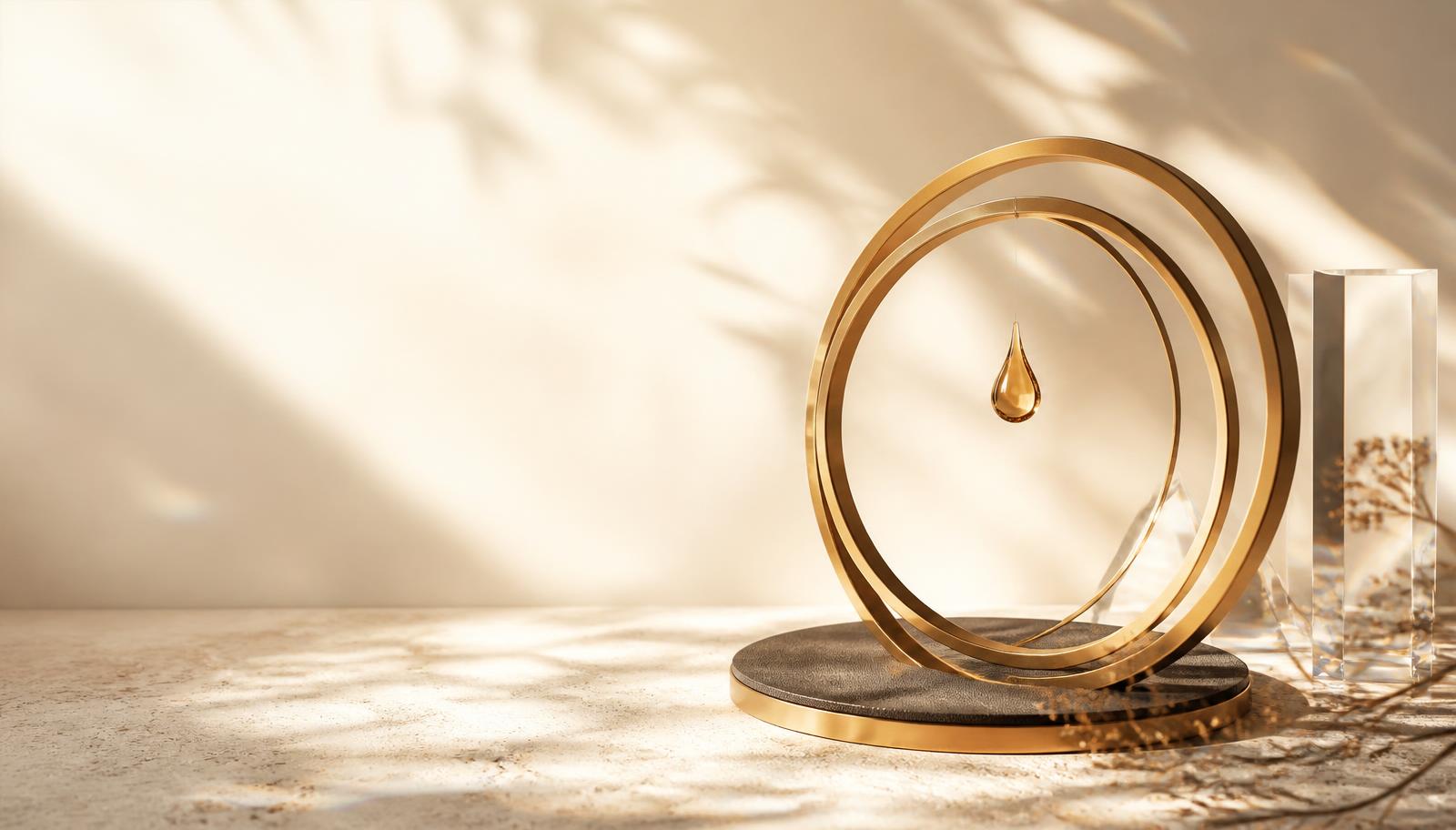 Sculptural gold rings framing an amber droplet in warm natural light